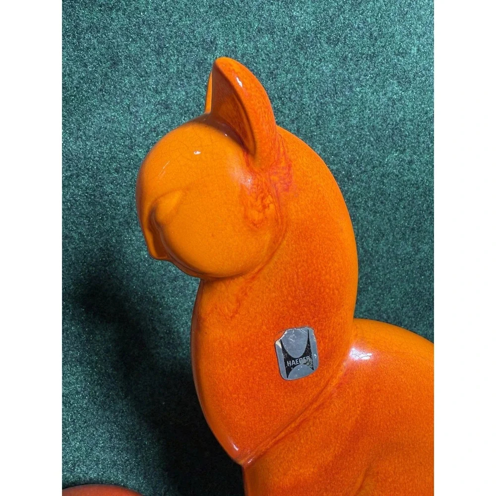 Royal‎ Haeger MCM Pottery Orange Winking Cat Statue + Vase Green Eye Figurine